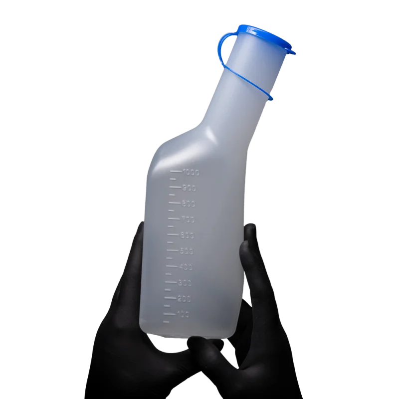 Urinflasche für Männer, eckig, weiß/milchig, PP Deckel blau