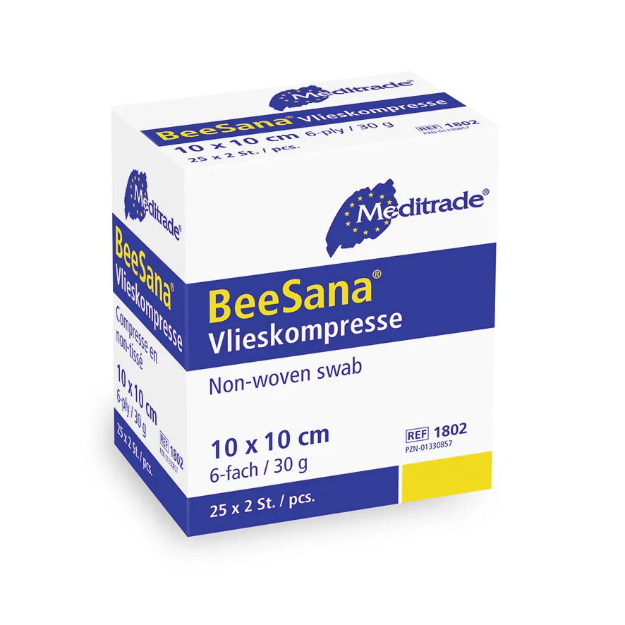 BeeSana® Vlieskompresse, steril, 6-fach, 30 g, 10 x 10 cm, 2 Stk