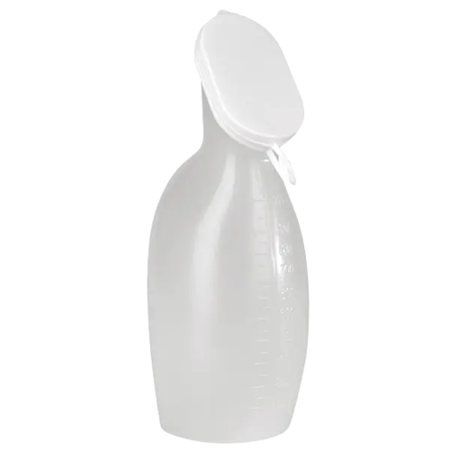 Urinflasche für Frauen Polyethylen 1L transparent-weiß, m.festverschl. Deckel