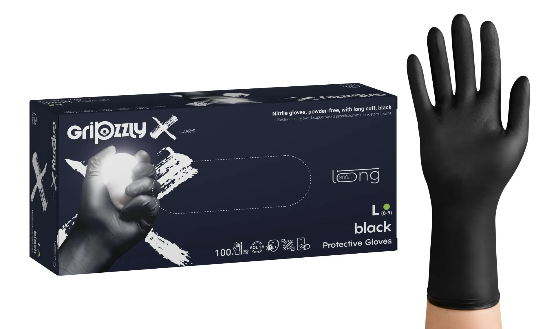 Gripzzly_X Nitrile gloves, pf, extended cuff, black, L Gripzzly_X Nitrile gloves, pf, extended cuff, black, L