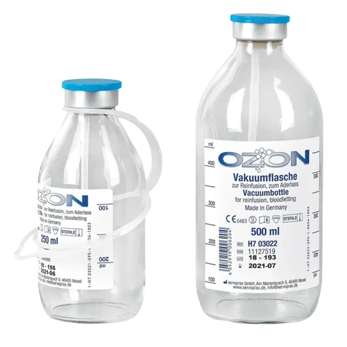 Ozon Vakuumflaschen Pyrogenfrei mit Entlüftung aus Glas
