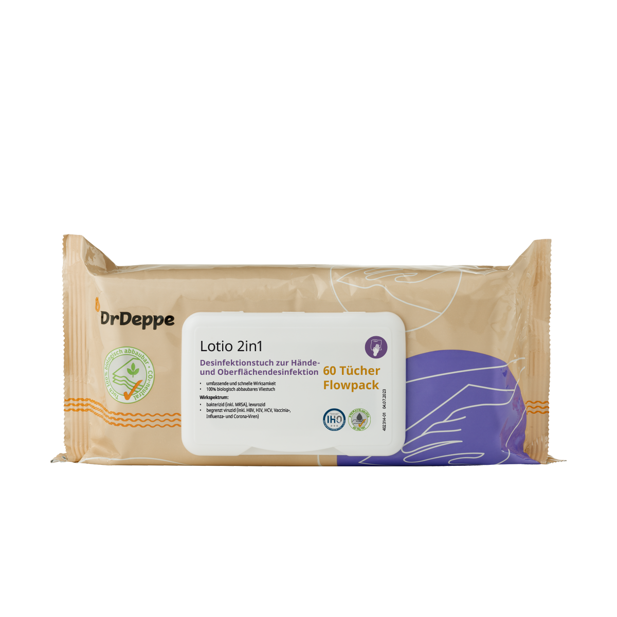 DrDeppe Lotio 2in1 Flowpack Desinfektionstücher - CO2 neutrales Tuchmaterial 100% biologisch abbaubar