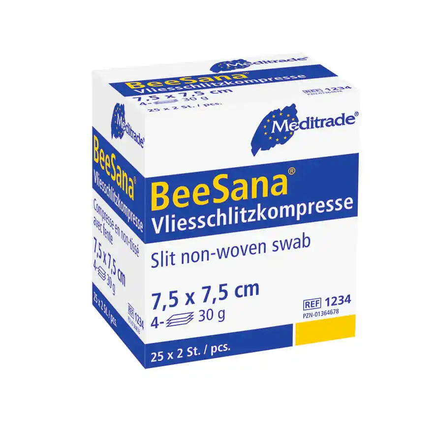 BeeSana® Vlieskompresse, steril, 6-fach, 30 g, 7,5 x 7,5 cm, 2 Stk