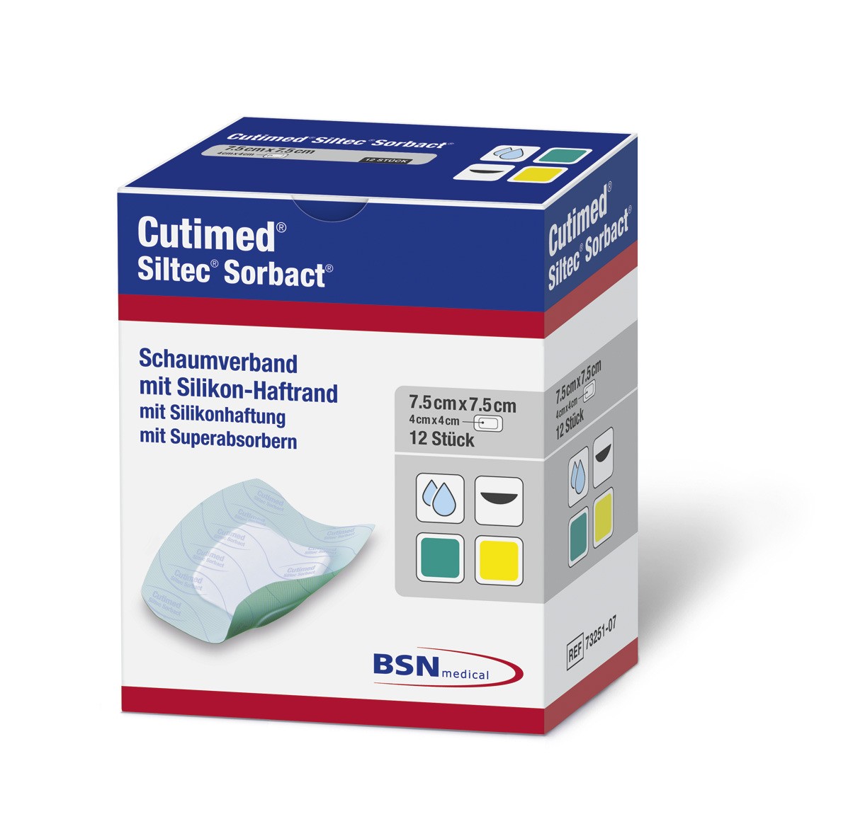 Cutimed® Siltec Sorbact Schaumverband 7,5cm x 7,5cm / 12 Stk