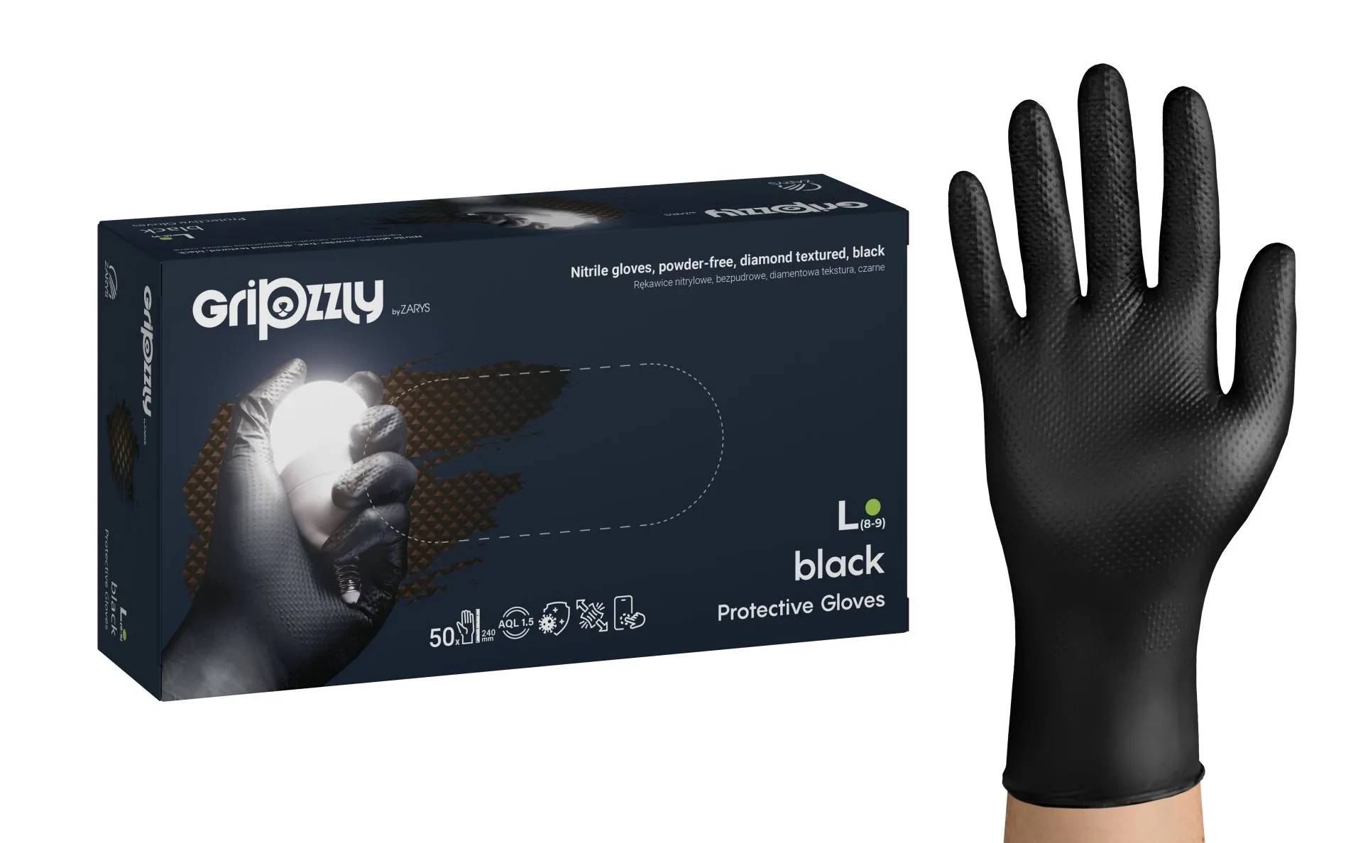 Gripzzly Nitrile gloves, powder-free, diamond tex. black L Gripzzly Nitrile gloves, powder-free, diamond tex. black L