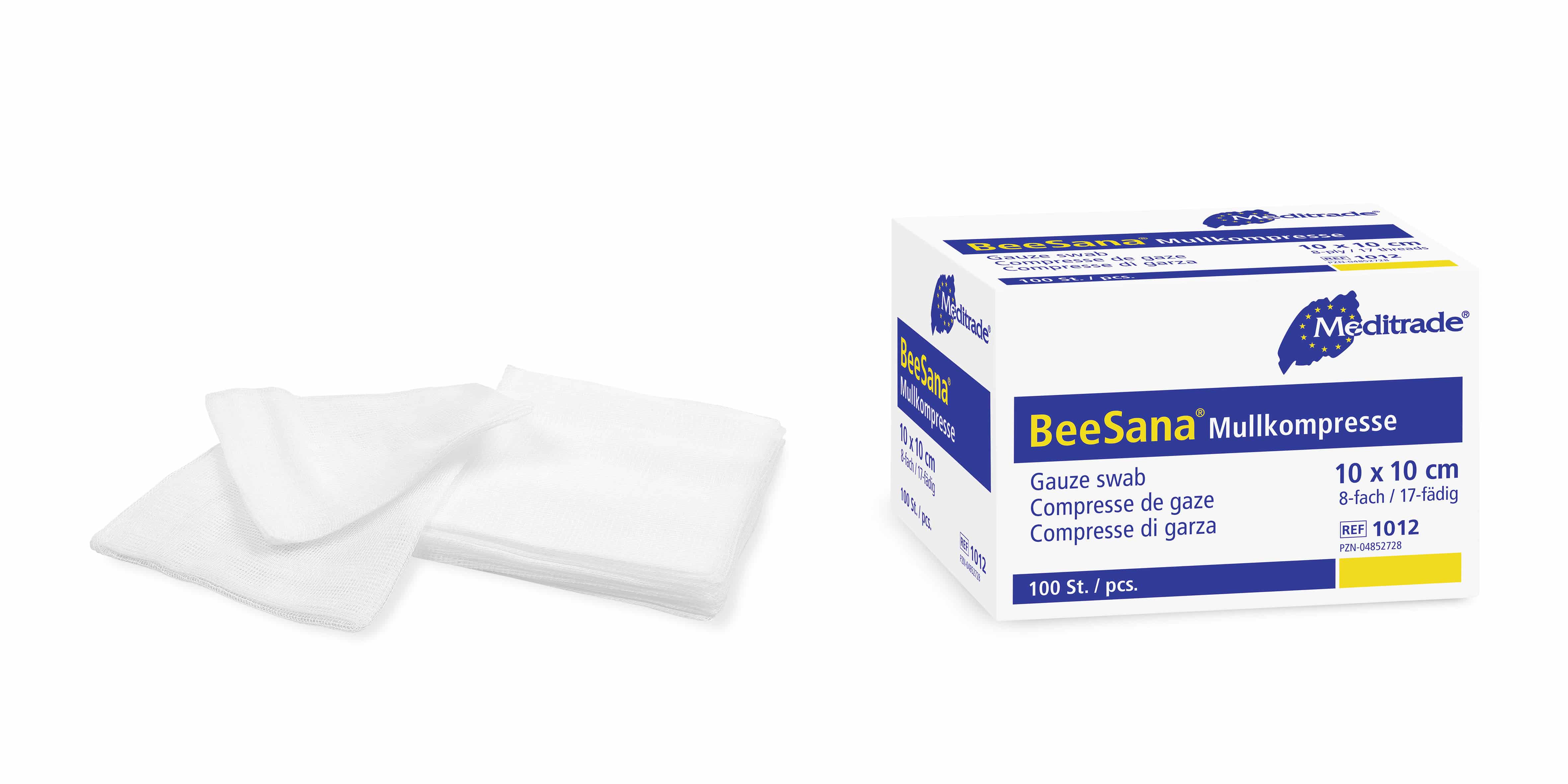 BeeSana® Mullkompresse, ohne RöKo, unsteril, 8-fach, 10 x 10 cm
