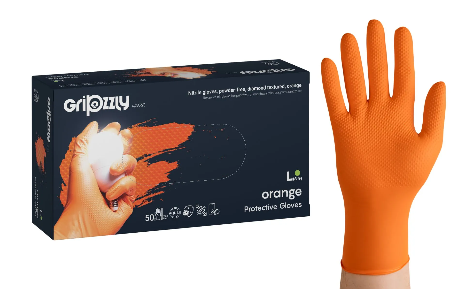 Gripzzly Nitrile gloves, powder-free, diamond tex orange L Gripzzly Nitrile gloves, powder-free, diamond tex orange L