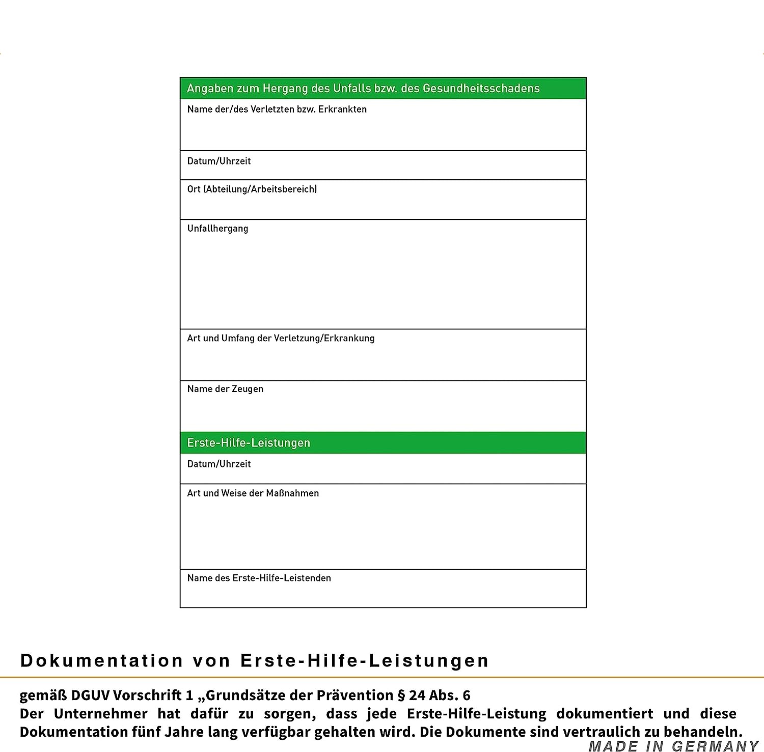 Erste Hilfe Meldeblock - DIN A5 - 50 Blatt - Für die Dokumentation von Erste Hilfe-Leistungen nach BGV A1 §24 Abs. 6