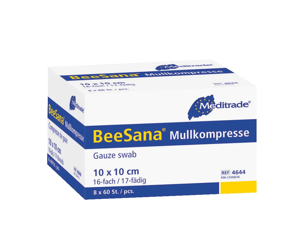 BeeSana® Mullkompresse, ohne RöKo, unsteril, 8-fach, 10 x 10 cm, zu 10 Stk vorgezählt
