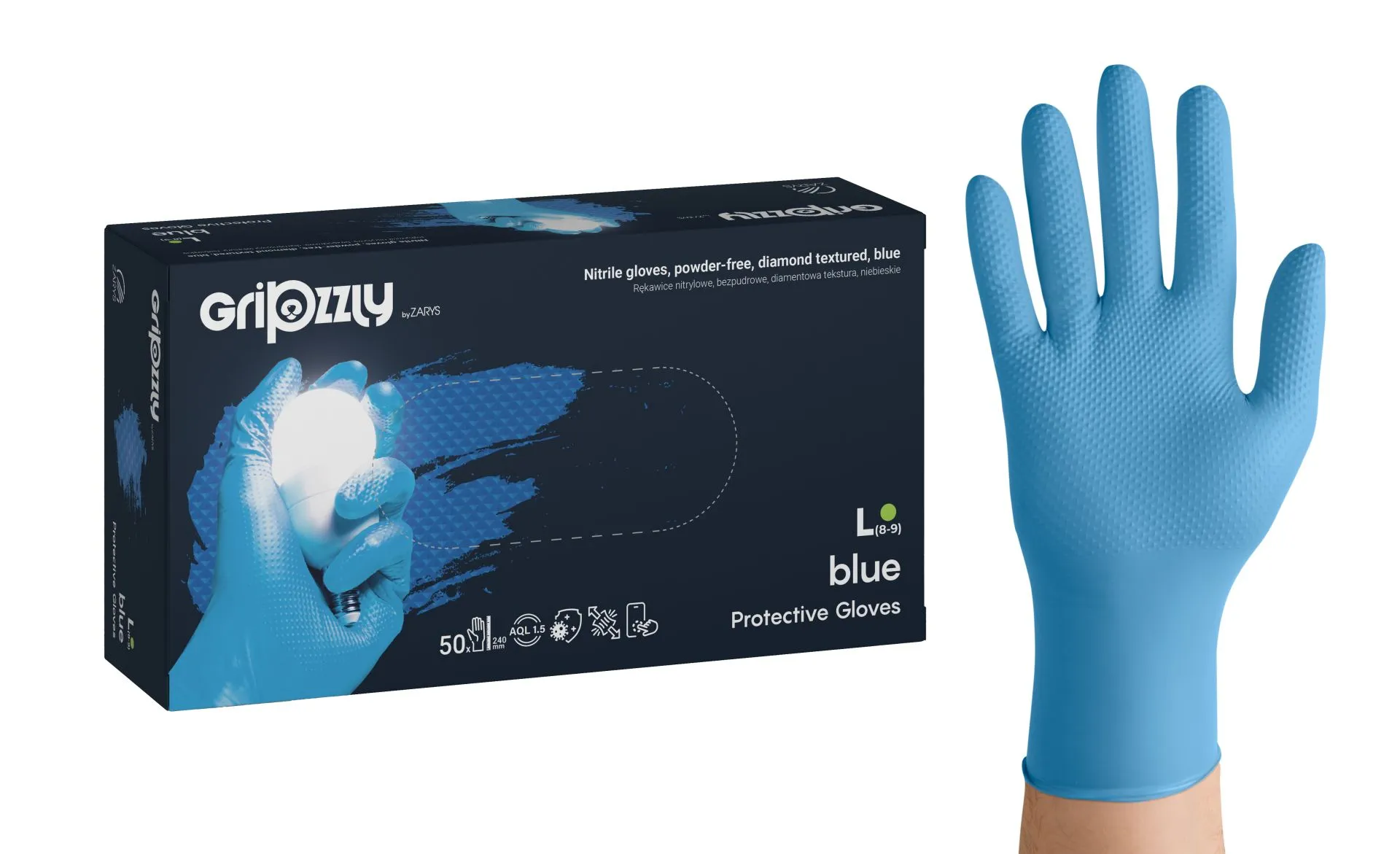 Gripzzly Nitrile gloves, powder-free, diamond tex. blue, L Gripzzly Nitrile gloves, powder-free, diamond tex. blue, L
