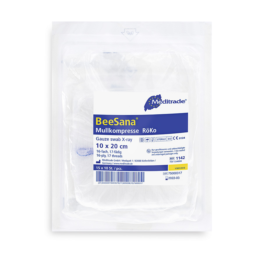 BeeSana® Mullkompresse, RöKo, steril, 16-fach, 10 x 10 cm