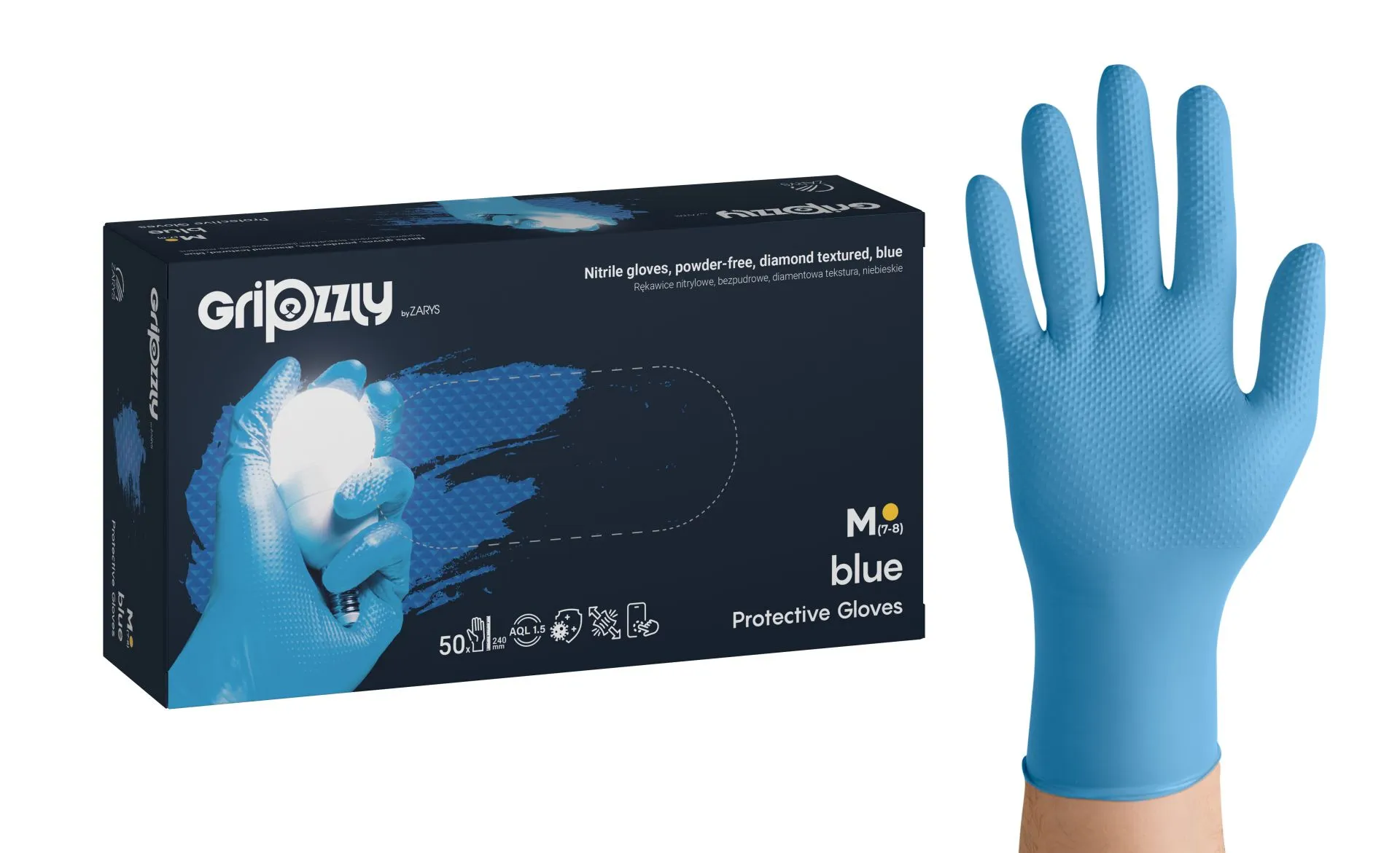 Gripzzly Nitrile gloves, powder-free, diamond tex. blue