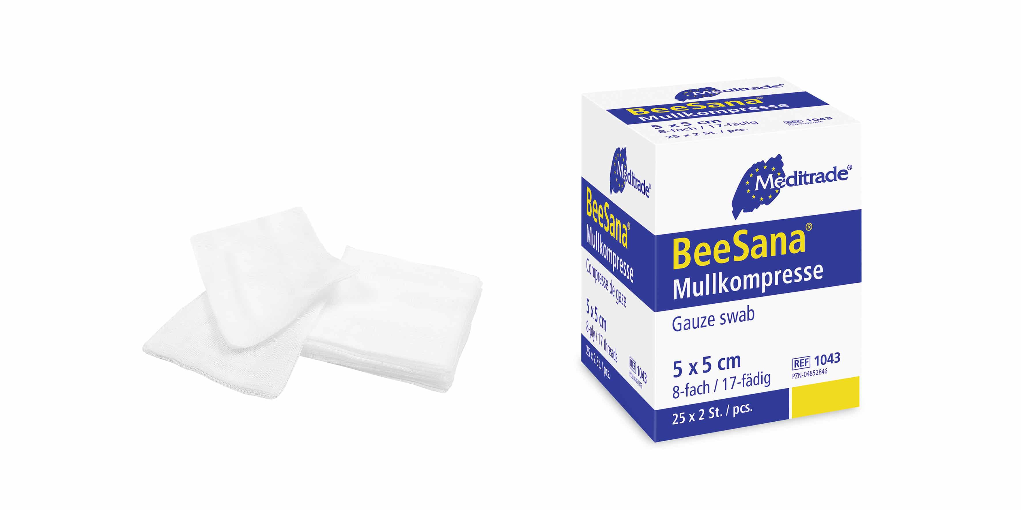 BeeSana® Mullkompresse, ohne RöKo, unsteril, 8-fach, 5 x 5 cm