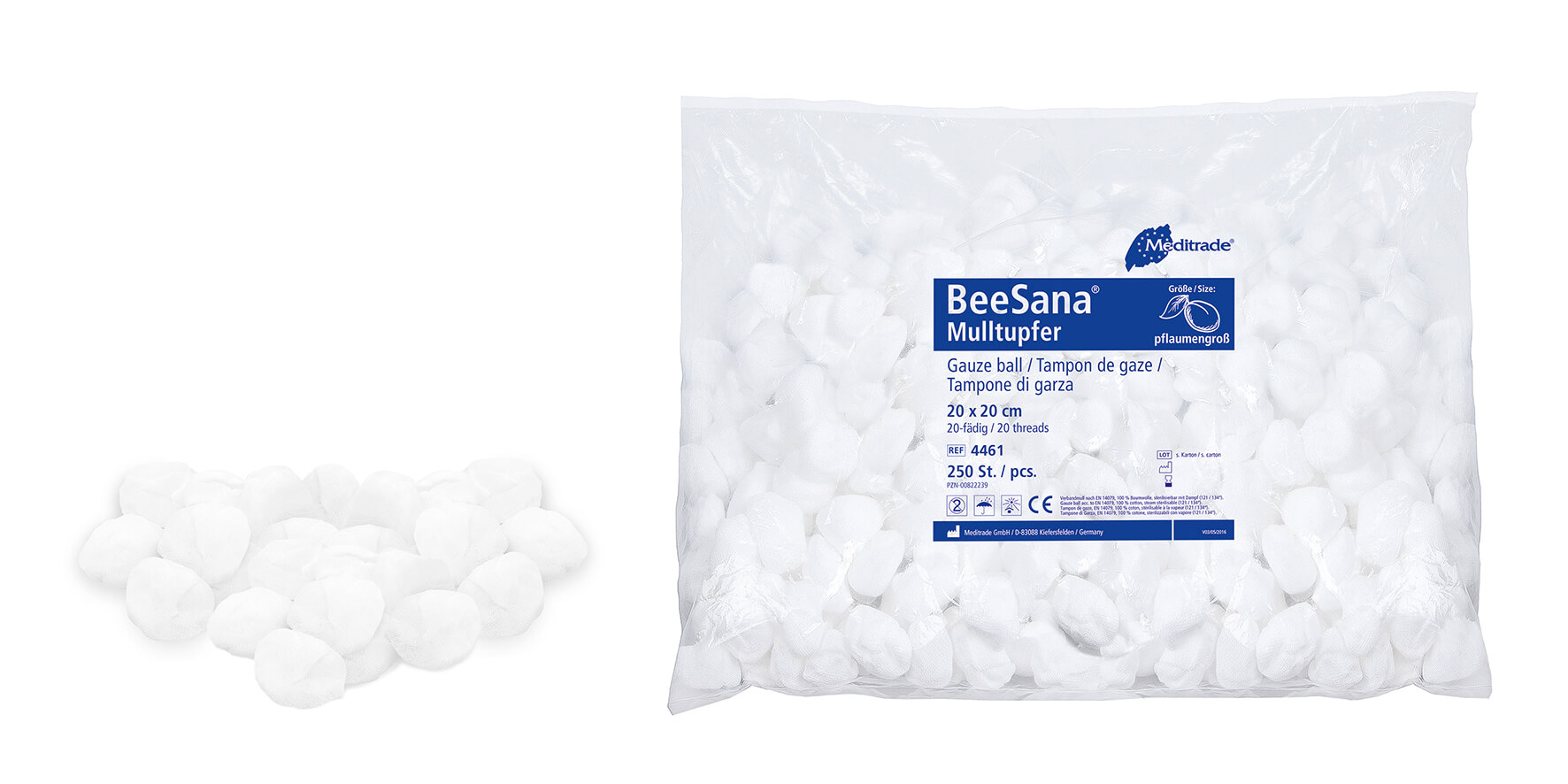 BeeSana® Mulltupfer, ohne RöKo, unsteril, 20 x 20 cm, Rundform, pflaumengroß