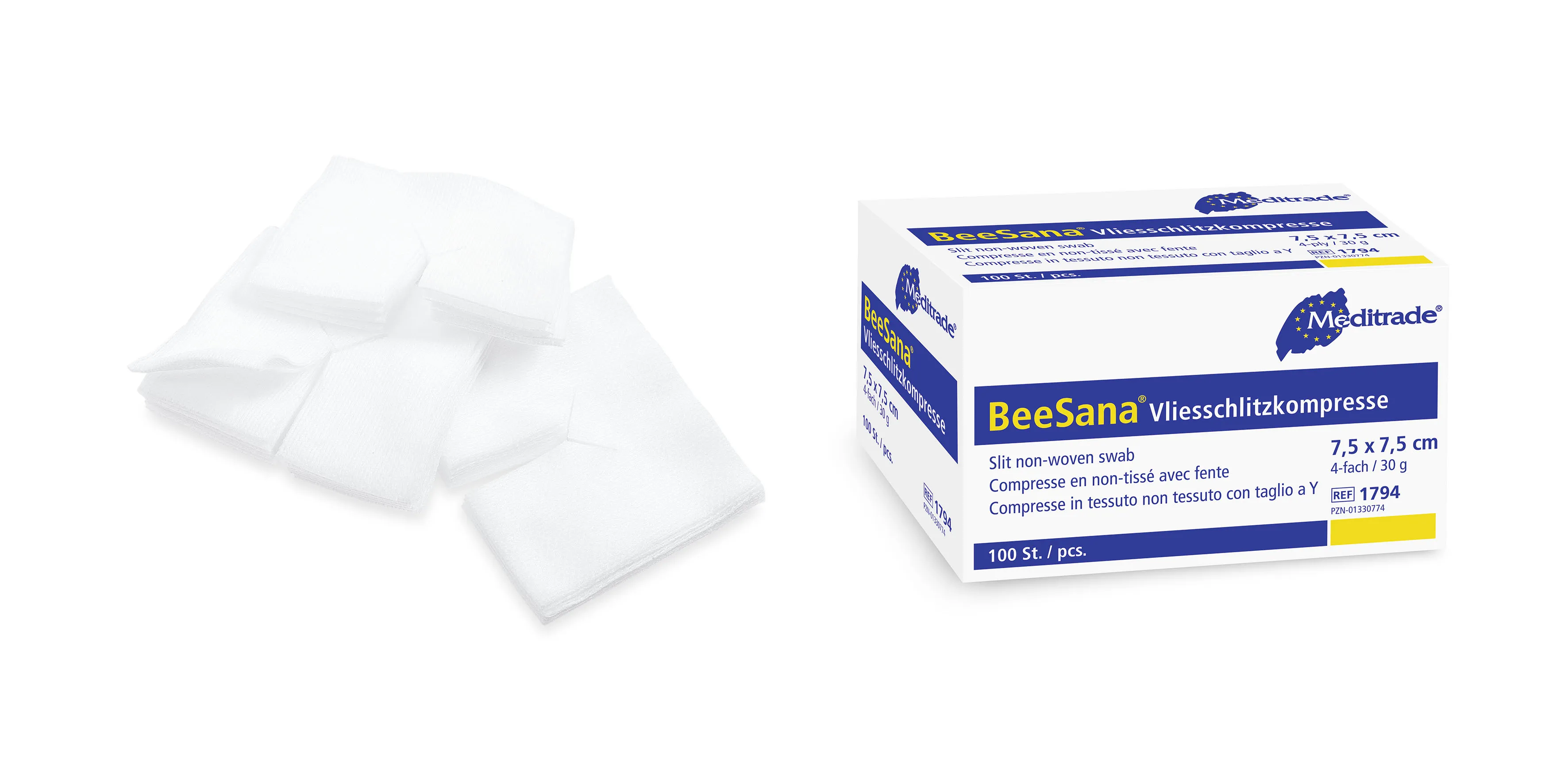 BeeSana® Vliesschlitzkompresse, unsteril, 4-fach, 30 g, 10 x 10 cm